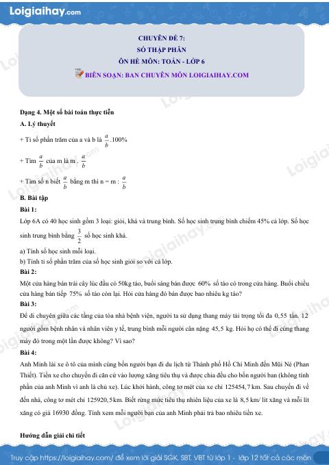 Dạng 4. Một số bài toán thực tiễn Chủ đề 7 Ôn hè Toán 6